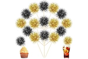 Chinco 100 Pcs Foil Firework Cupcake Toppers Black and Gold Sparkle Tinsel Cake Toppers New Year Cake Decoration Cocktail Fruit Toothpick for Birthday Wedding Graduation Party