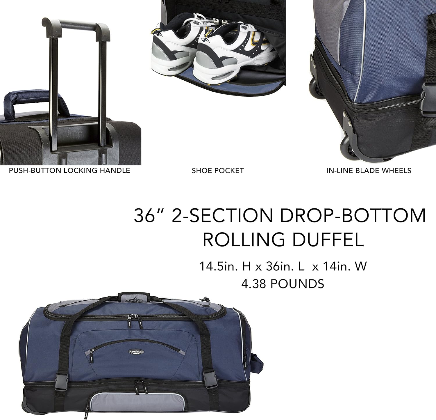 36 drop bottom rolling duffel bag