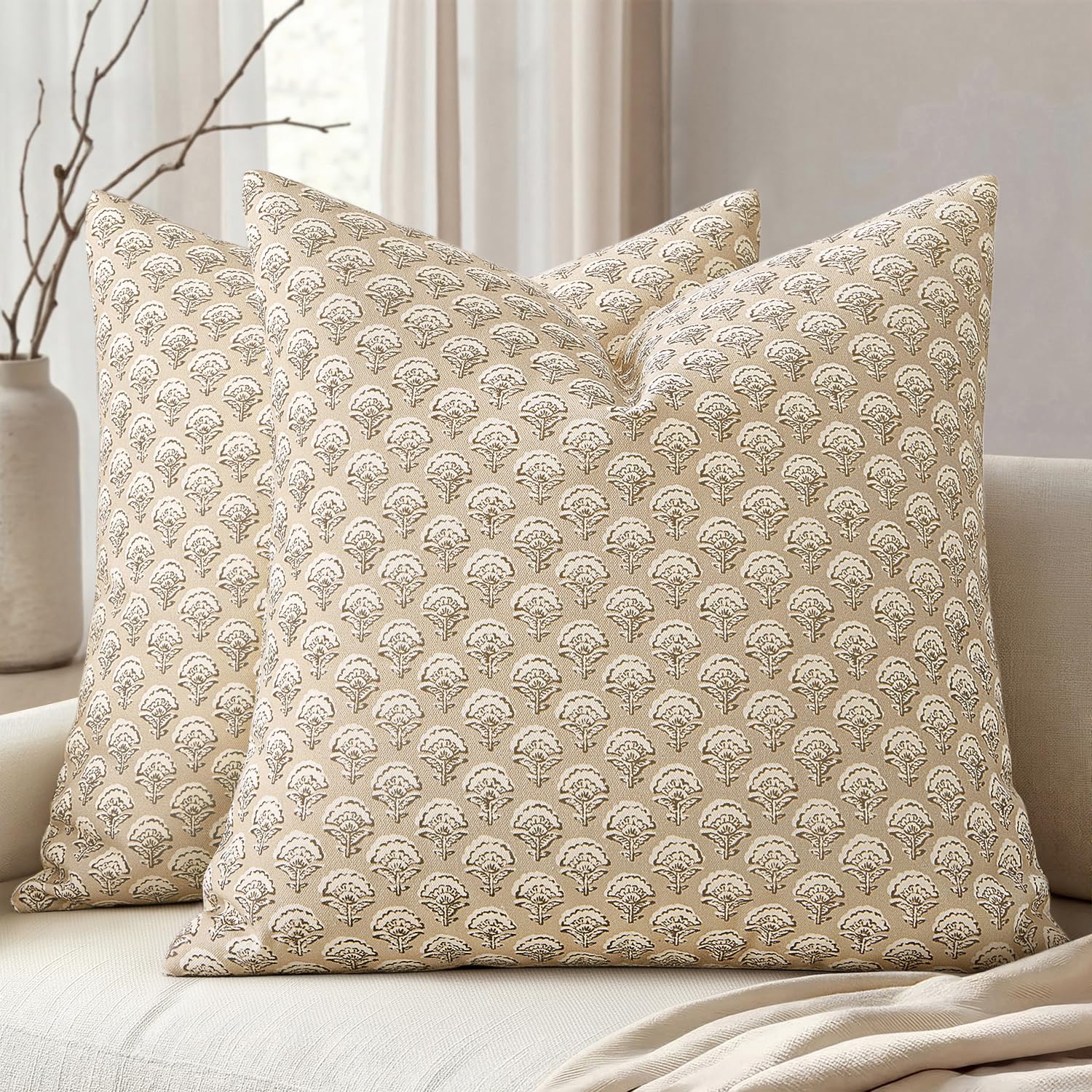 MIULEE Set of 2 Decorative Floral Pillow Covers Neutral Vintage Throw Pillows Block Print Boho Farmhouse Cushion Covers for Spring Home Decor Couch Sofa Bed Living Room, 18x18 Inch, Cream Oatmea
