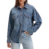POTILI Women's Oversized Denim Shirt Long Sleeve Boyfriend Jean Jacket Button Down Blouse Top