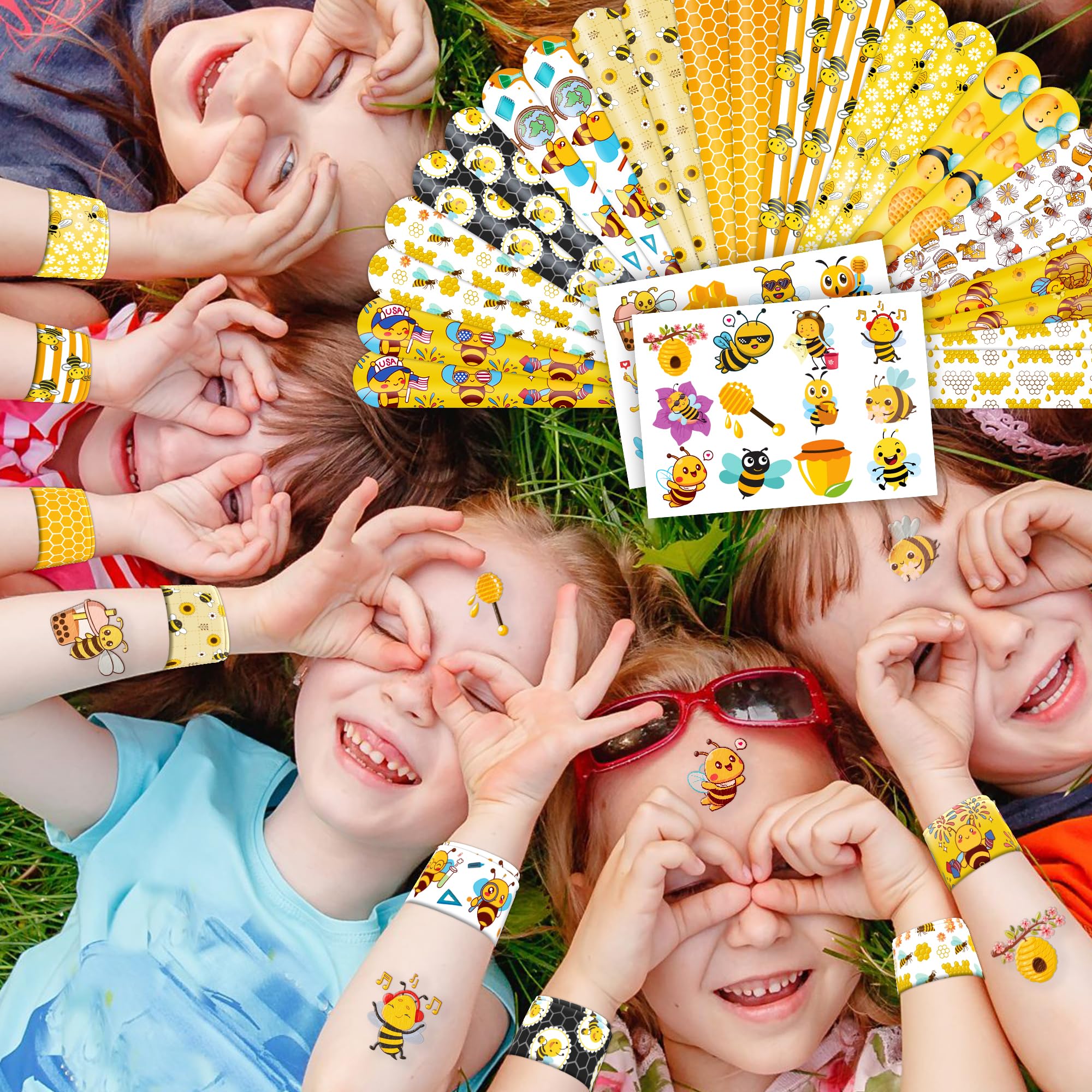 72PCS Bee Party Favors - 48PCS Pre-cut Tattoos & 24PCS Slap Bracelets - Honey Bee Birthday Supplies, Baby Shower Decorations, Classroom Prizes, Gifts for Girls & Kids
