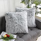 Uhomy 2 Packs Fluffy Accent Pillows Cover 18"x18", Soft Gray Ombre Faux Fur Throw Pillow Case, Modern Luxury Decorative Square Cushion Cover for Farmhouse Home Decor for Sofa/Bed/Chair, 45x45cm
