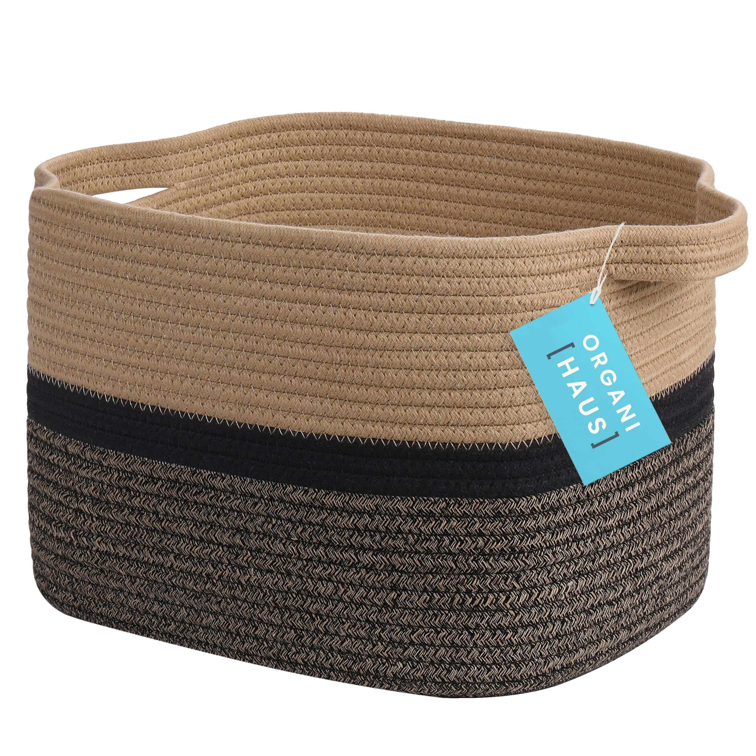 OrganiHaus Storage Baskets for Shelves & Bathroom, Small Laundry Basket, Cotton Rope Woven Organiser for Clothes, Toys & Towels, Decorative Home Storage Box - 34x28x24cm, Brown/Black