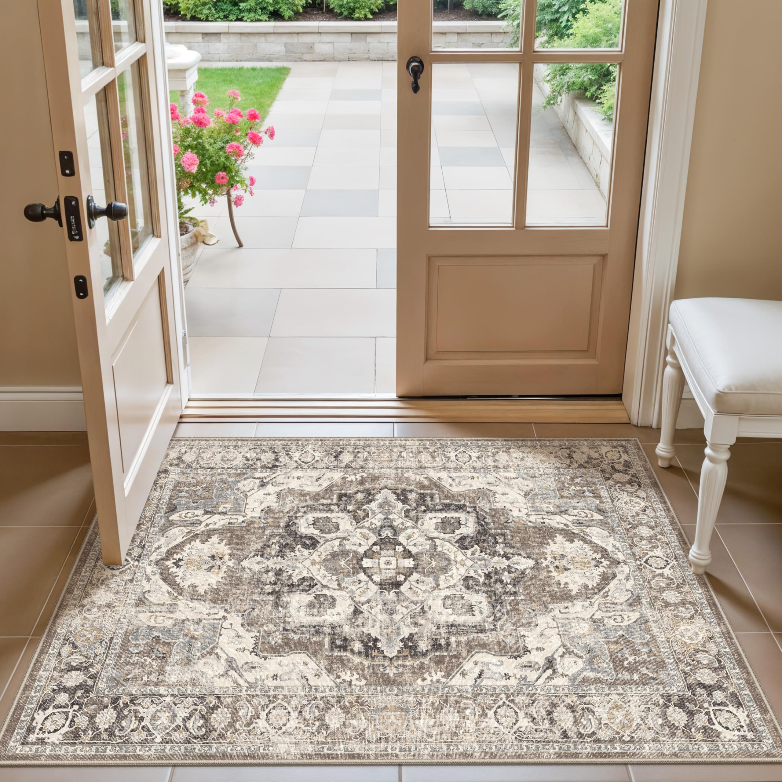 YOUFORTONG 3x4 Washable Entry Rugs: Soft Thin Kitchen Rug Runners Non Slip Rubber Backing Stain Resistant Floor Mat for Hallway Indoor Vintage Carpet Home Decor for Bedroom Living Room(Beige, 3X4) Image