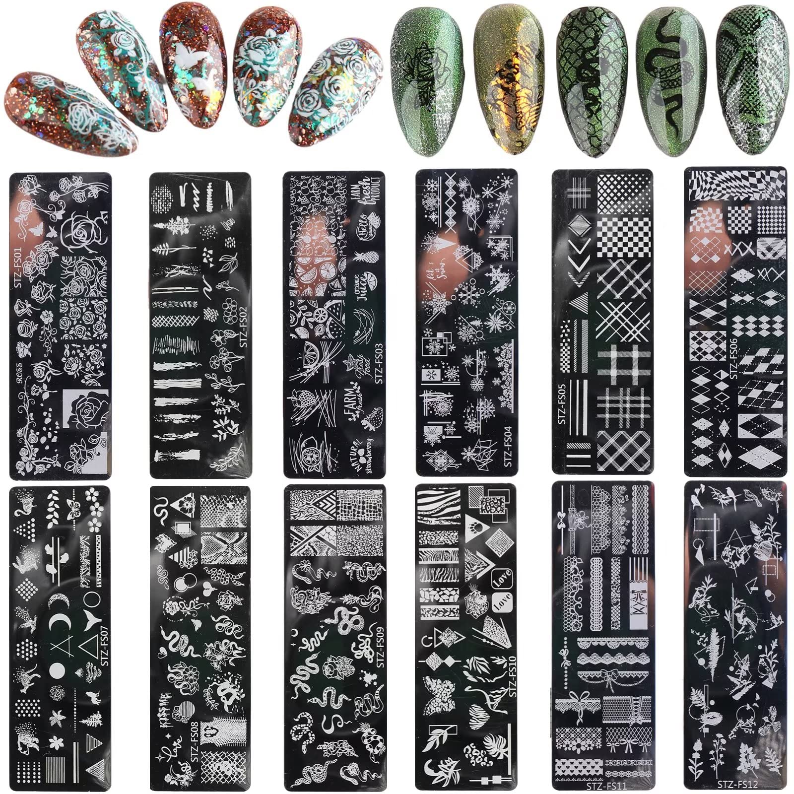 RUNRAYAY 12pc Retro Theme Nail Art Stamping Plate Kit with Various Patterns, Flower Snake Butterfly Collection for DIY Print Manicure Salon — image 1