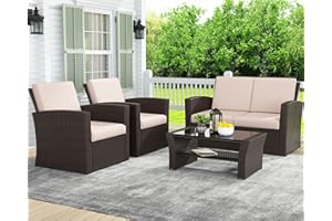 LayinSun 4 Piece Outdoor Patio Furniture Sets, Wicker Conversation Sets, Rattan Sofa Chair with Cushion for Backyard Lawn Garden (Brown)