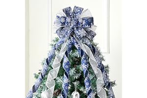 JOIEDOMI 45 Inch Christmas Tree Topper Wreath Bow, Blue and Silver Ribbon Ornaments with Snowflakes and Glitter, Large Gift Decor for Xmas Holiday Themed Decoration Home Parties Wedding