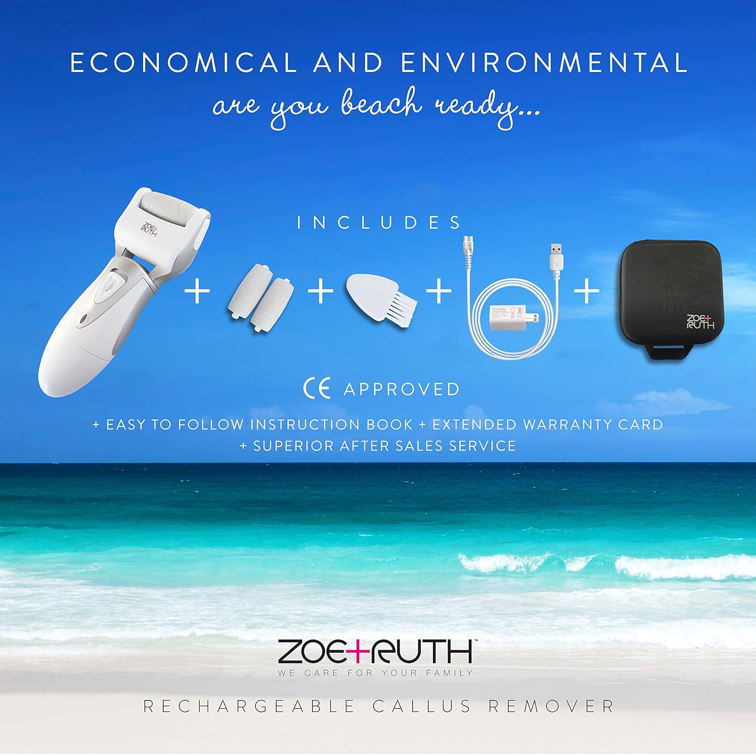 Electric Callus Remover USB Rechargeable Pedicure Foot File tool by Zoe+Ruth for Dry Cracked Dead Skin on your Heels and Feet. International Charger, 3 Rollers & Travel Friendly Storage Case. : Beauty