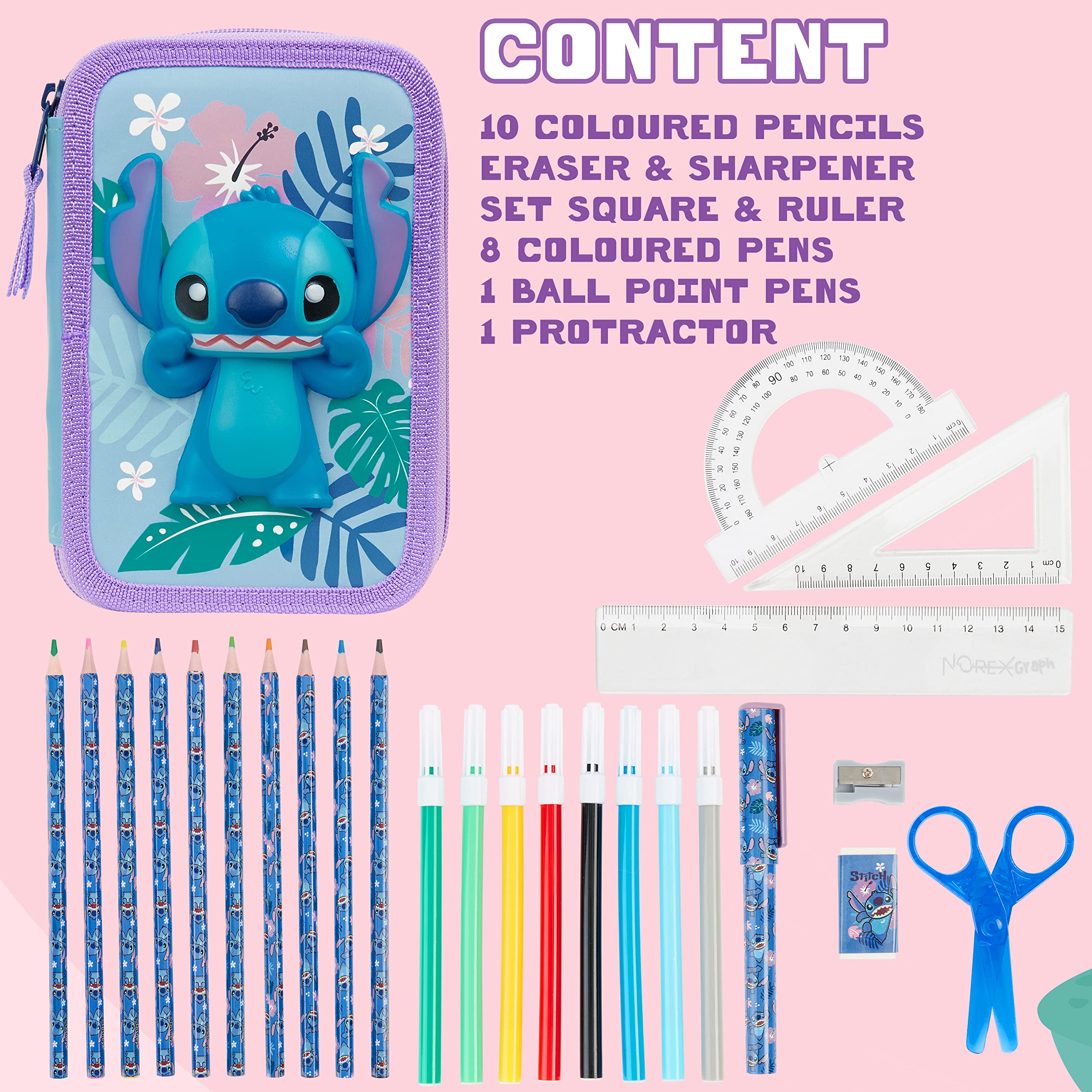 Disney Filled Pencil Case with Stationery for Kids, School Supplies Coloring Pencils, Markers - Gifts for Girls (Blue Stitch Double Zip)