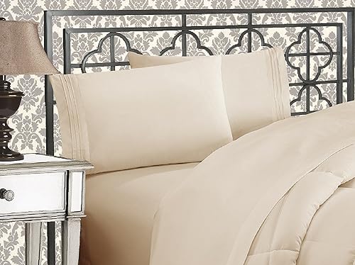 Elegant Comfort Luxurious 1500 Premium Hotel Quality Microfiber Three Line Embroidered Softest 4-Piece Bed Sheet Set, Wrinkle and Fade Resistant, King, Cream