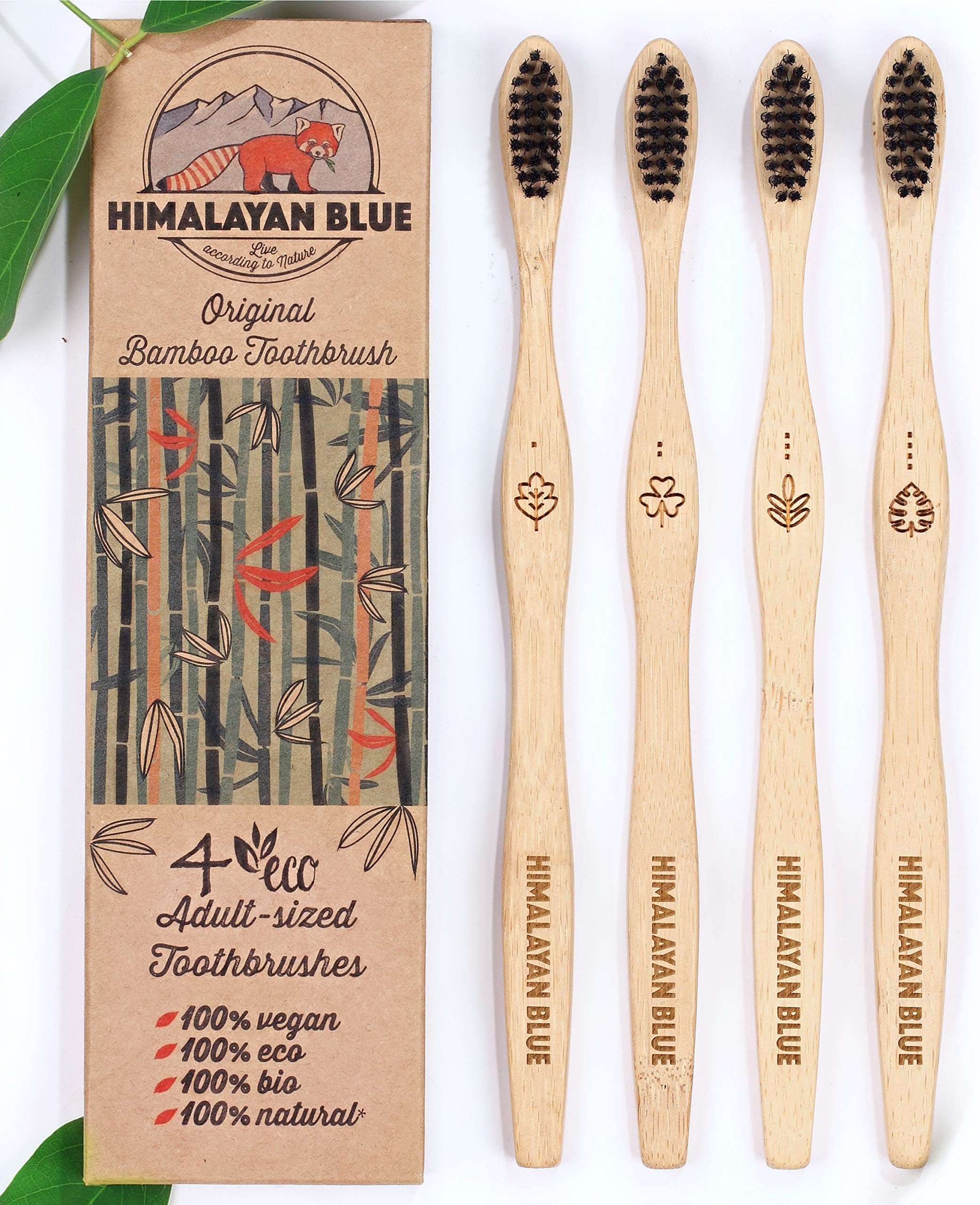 Himalayan Blue Bamboo Natural Biodegradable Charcoal Toothbrush Pack of 4 - Zero Waste Travel Refill - Eco-Friendly - Teeth Whitening Soft Medium but Firm Black Bristles - Bonus Gift E-book