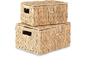 MOOKOMI set of 2 wicker basket with lid - water hyacinth storage baskets, woven basket with lid for organizing, rectangular w