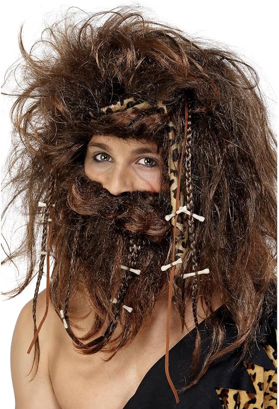 Conjunto Smiffys Crazy Caveman, castanho, inclui peruca, barba, fita de cabelo, ossos e tranças Halloween, Carnaval — foto 3 de 5