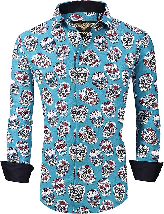 Premiere Mens Sugar Skull Shirt Long Sleeve Button Down Designer Dress