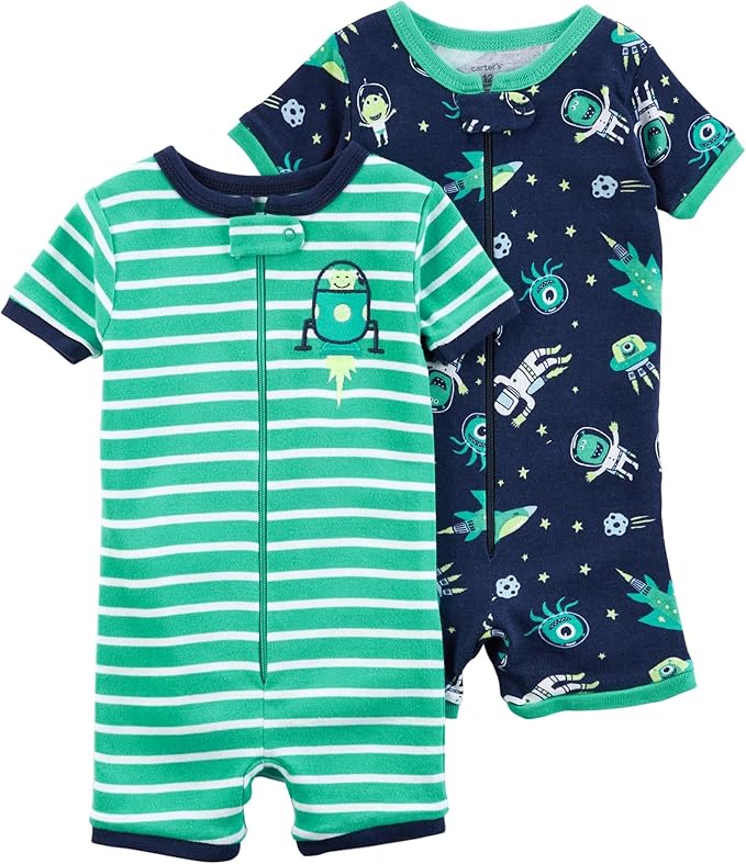 Carter's Boys' 2Pack Zipup Snug Fit Cotton Romper PJs, Green/Navy (12