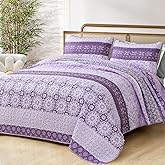 WONGS BEDDING Boho Quilt Queen Set,Purple Bohemian Striped Patchwork Bedspread Coverlet Set with 2 Pillowcases,Lightweight Microfiber Floral Quilt Bedding Set 96"×90"