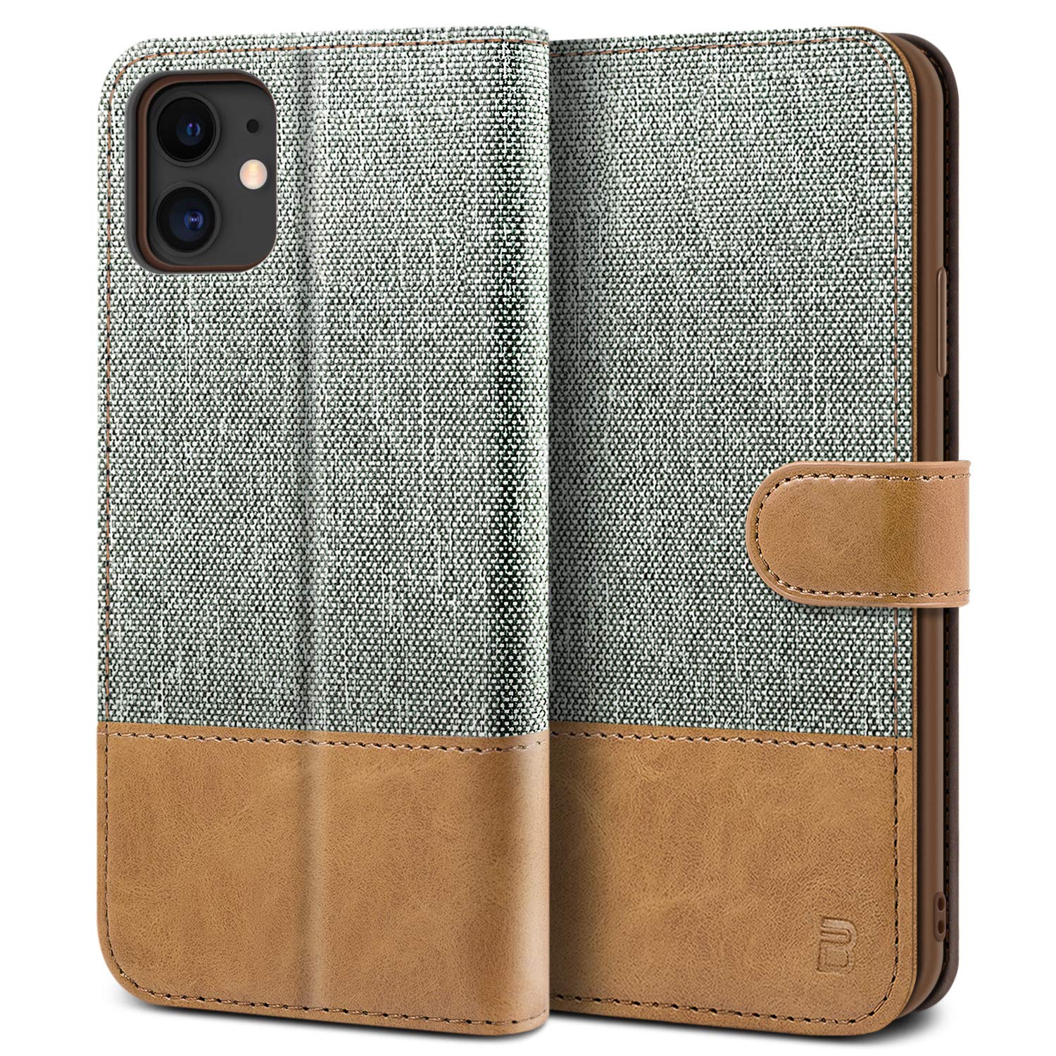 BEZ Case for iPhone 11, Phone Case Compatible for iPhone 11, Wallet Cover [Canvas Faux Leather] with Credit Card Holders, Kick Stand, Magnetic Strap Closure, Gray