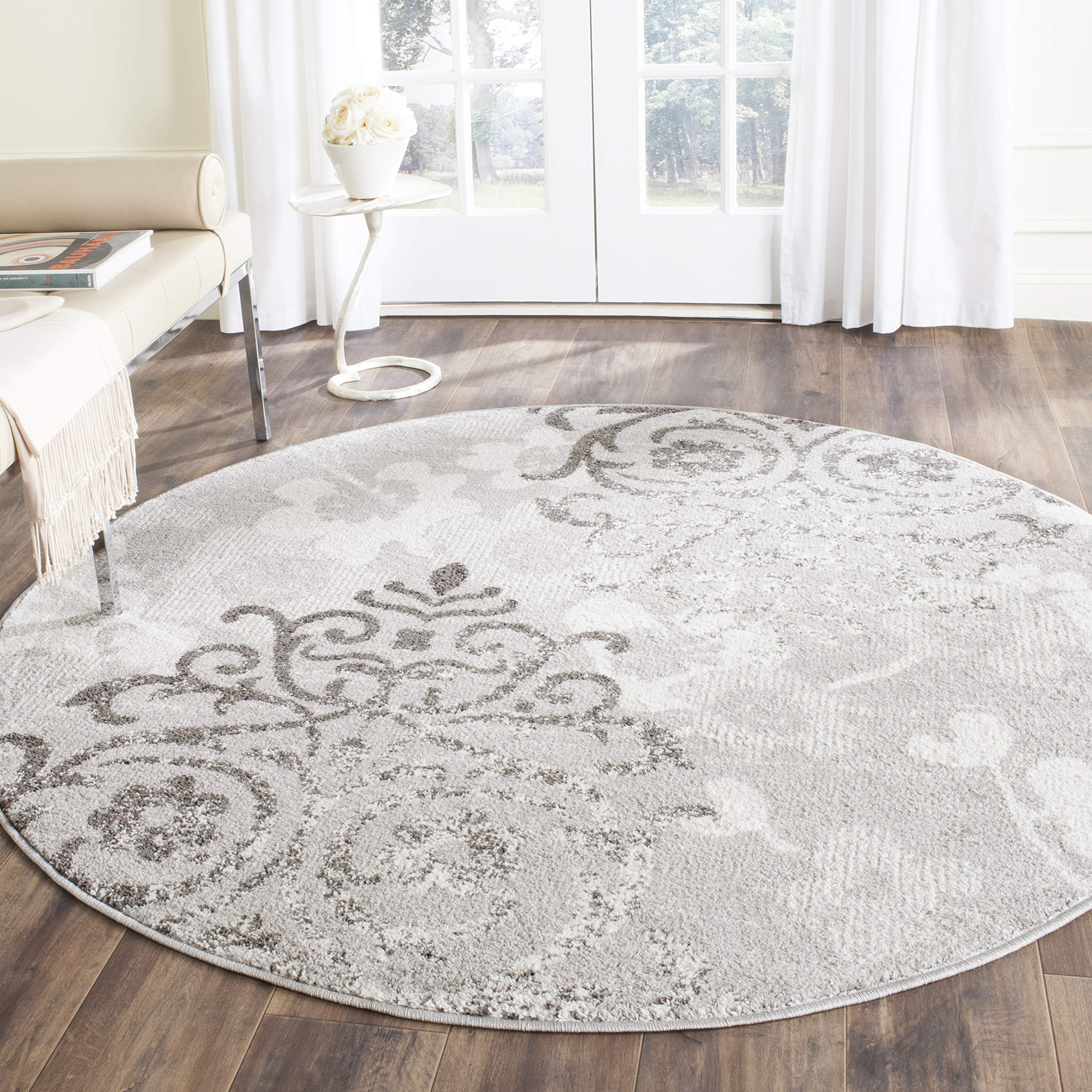 SAFAVIEH Adirondack Collection 11' Round Silver / Ivory ADR114B Floral Glam Damask Distressed Non-Shedding Dining Room Entryway Foyer Living Room Bedroom Area Rug Image