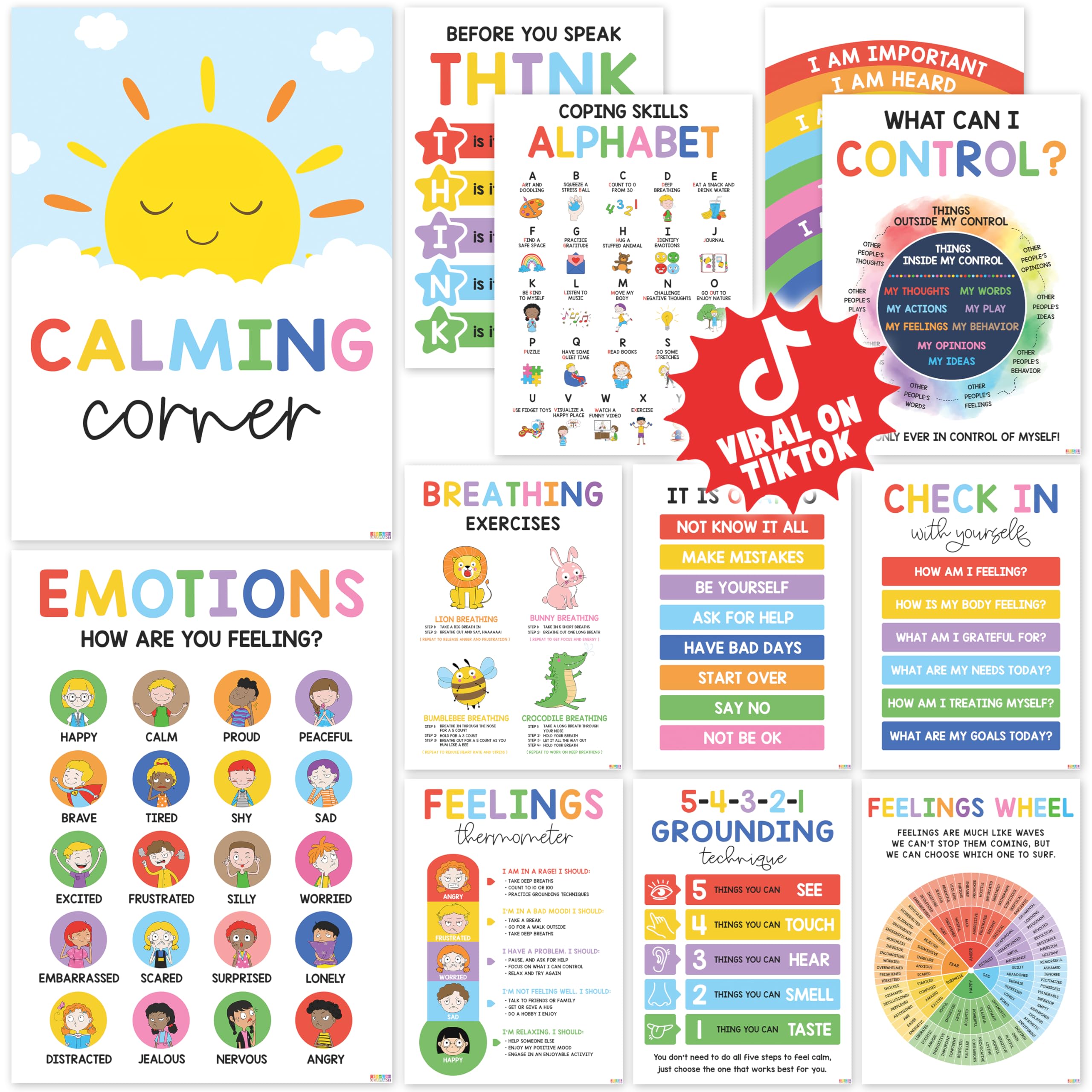 Photo 1 of BEAWART 12 Calming Corner Classroom Posters (10x14) - Feelings Wheel Chart & Emotions Poster For Kids, Calm Down Corner Supplies For Therapy Office Decor, Mental Health Wall Decorations For Preschool