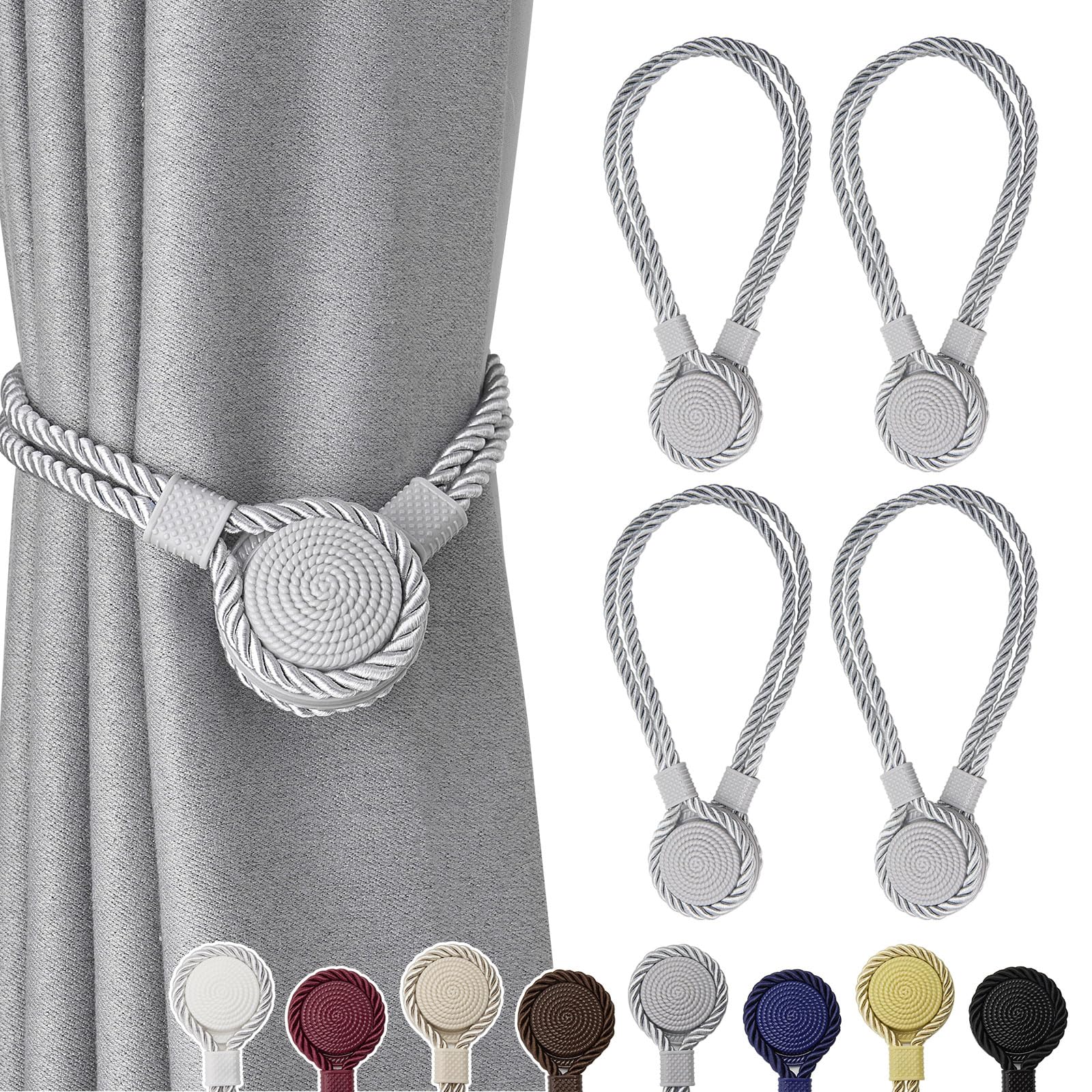 Pretty Jolly 4 Pack Strong Magnetic Curtain Tiebacks Unique Medal shape Decorative Drape Tie Backs Elegant Hand-Woven Rope Curtain Holdbacks for Home & Office Draperies Decor (Grey)