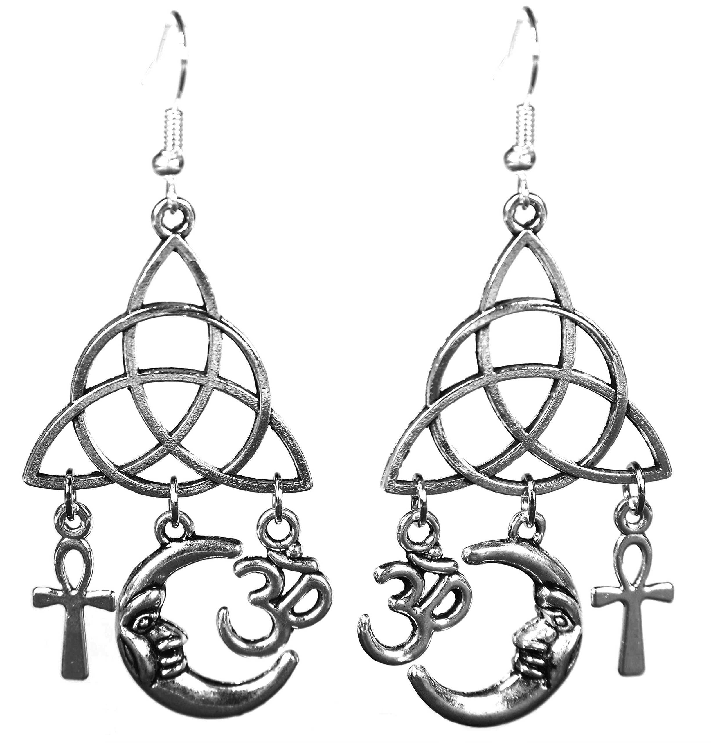 Silvertone Dangle Earrings w/ Egyptian Ankh, Pagan Crescent Moon, Hindu Om & Celtic Triquetra, 2.5 Inches