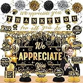 We Appreciate You Party Decorations Black Gold Thank You for All You Do Banner Honeycomb Centerpieces Hanging Swirls for Office Employee Staff Appreciation Gift Pastor Teacher Party Veterans Day Decor