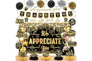 WAYYOGH We Appreciate You Party Decorations Black Gold Thank You for All You Do Banner Honeycomb Centerpieces Hanging Swirls for Office Employee Staff Appreciation Gifts Pastor Teacher Party Boss Day Decor