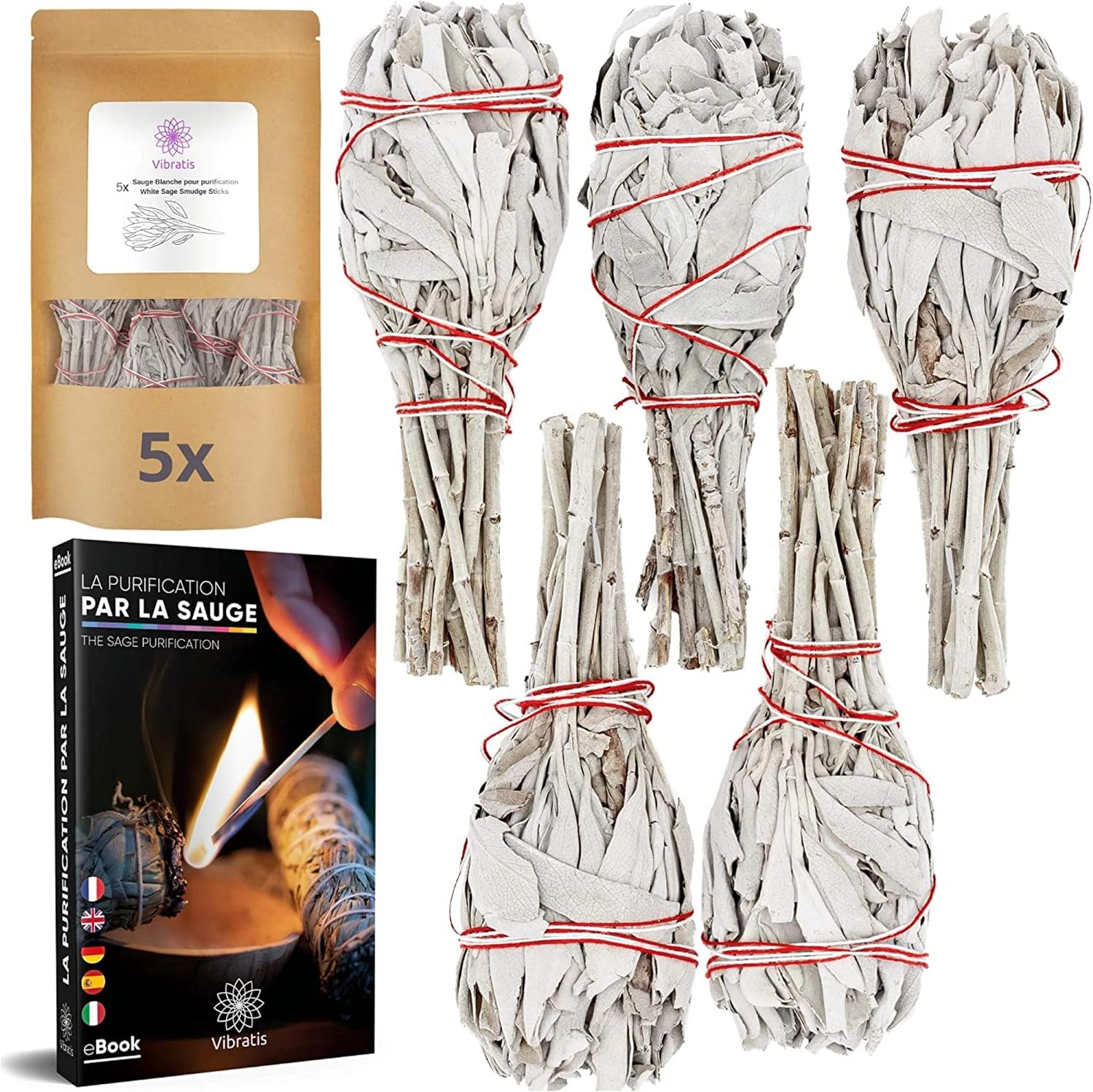 Vibratis – 5 x White Sage Burning Purification Incense Sticks – Pack of 5