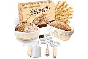 Wynsylis Bread Proofing Basket - Sourdough Baking Kit with Handwoven Natural Rattan 9" Round & 10" Oval Baskets, Includes Lin