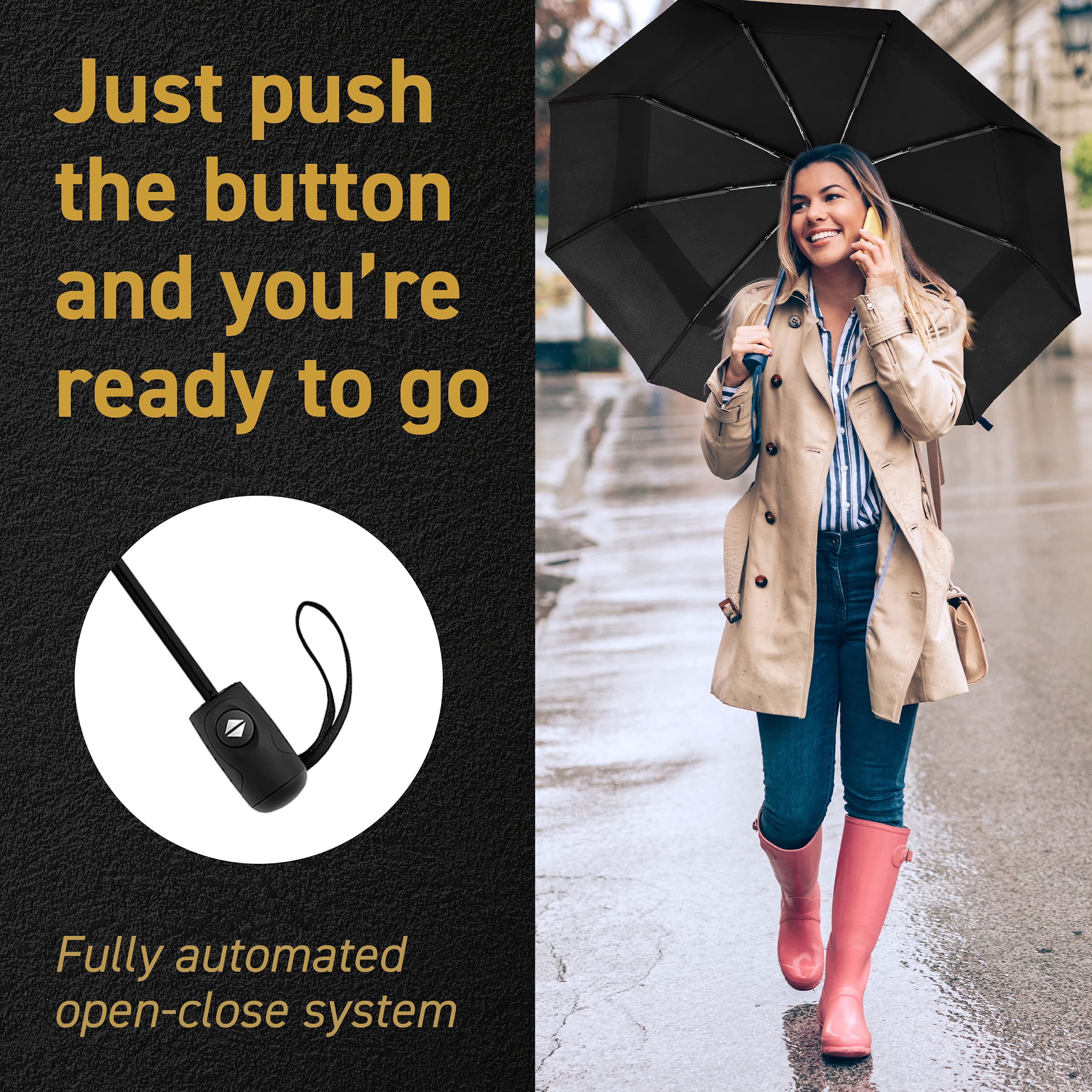 Windproof Travel Umbrellas for Rain - Lightweight, Strong, Compact with & Easy Auto Open/Close Button for Single Hand Use - Double Vented Canopy for Men & Women