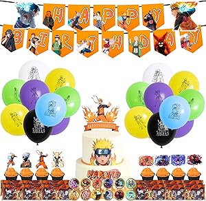 TANJIROU Naruto Party Supplies Birthday Decorations, 78 Pcs Party Favors - Banner, Cupcake Toppers, Balloon, Stickers, Chocolate Wrappers for Japanese Ninja Anime Themed Party
