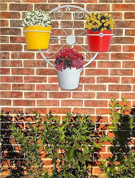 GIG Handicrafts Wheel Style Iron Wall Plant Stand with 3 Metal Planters for Wall Decor (48 cm x 17 cm x 41 cm, White)