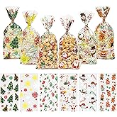 Christmas Treat Bags, Christmas Plastic Cellophane Candy Goodies Bags with Ties for Xmas Day Party Favor Supplies, 60pcs