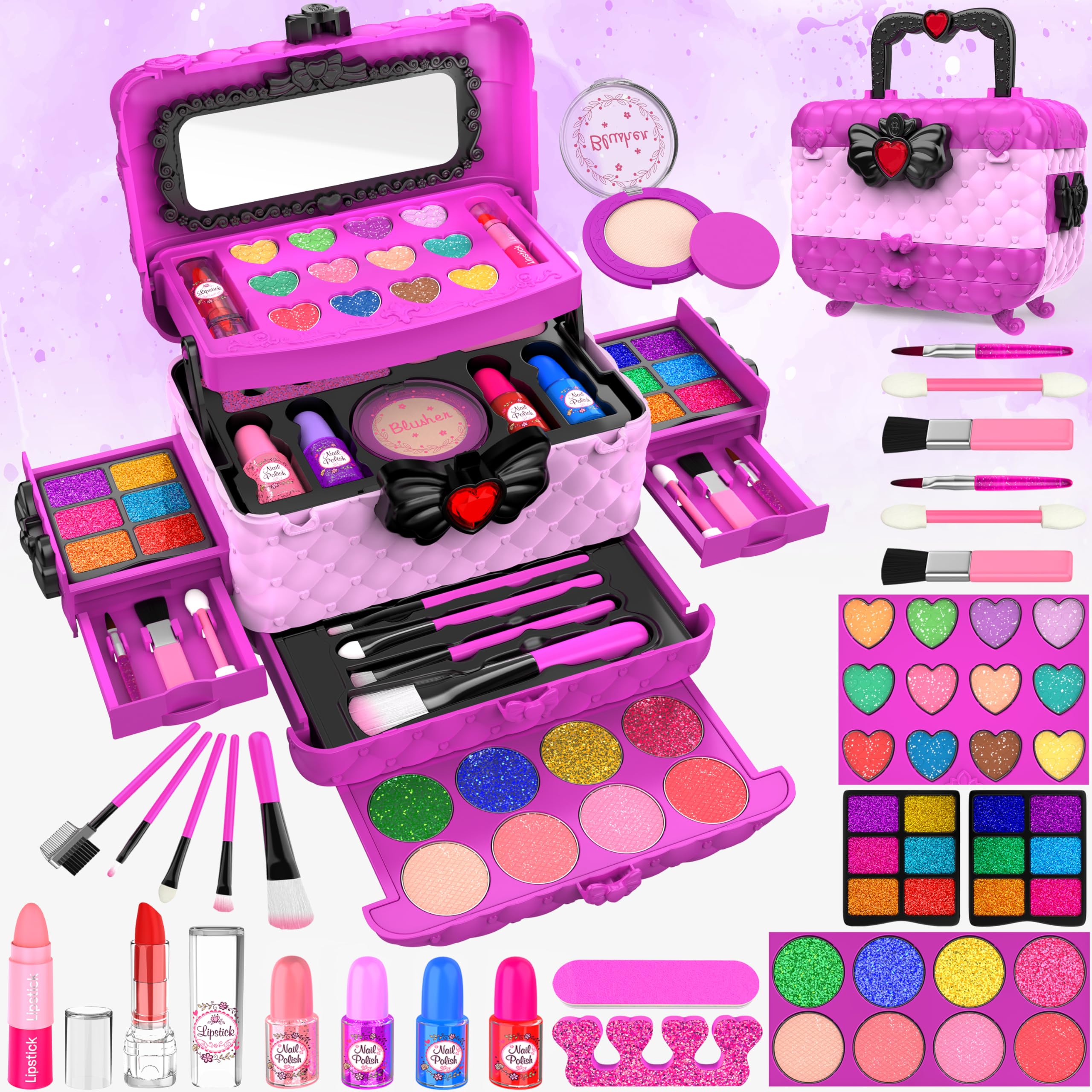 54 Pcs Kids Makeup Kits for Little Girls, Non-Toxic and Safe, Princess Real Washable Pretend Play Cosmetic Set Toys with Mirror, Birthday Gifts for 3 4 5 6 7 8 9 10-12 Years Old Girls Kids