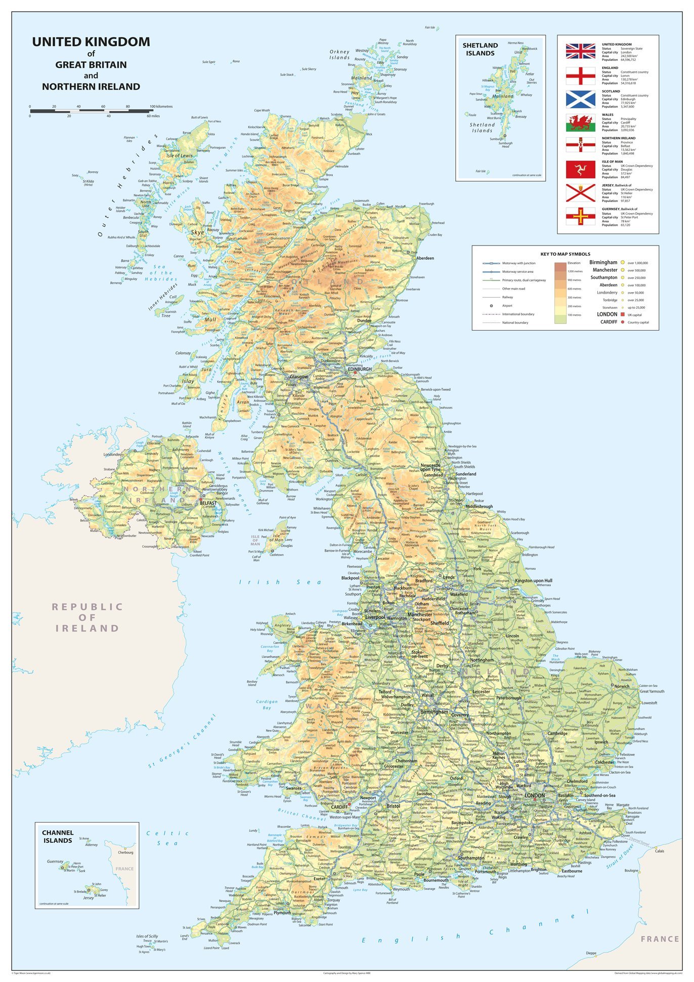 Physical Map of the United Kingdom of Great Britain and Northern Ireland - Size 100 x 70 cm - Paper Laminated