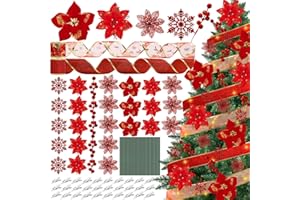 Gushu 116 Pcs 5 Style Christmas Red Glitter Artificial Poinsettias Flowers Faux Snowflake Berries with Clips Stems and 10.8 Yards Ribbon for DIY Xmas Tree Wreath Holiday Party Decor