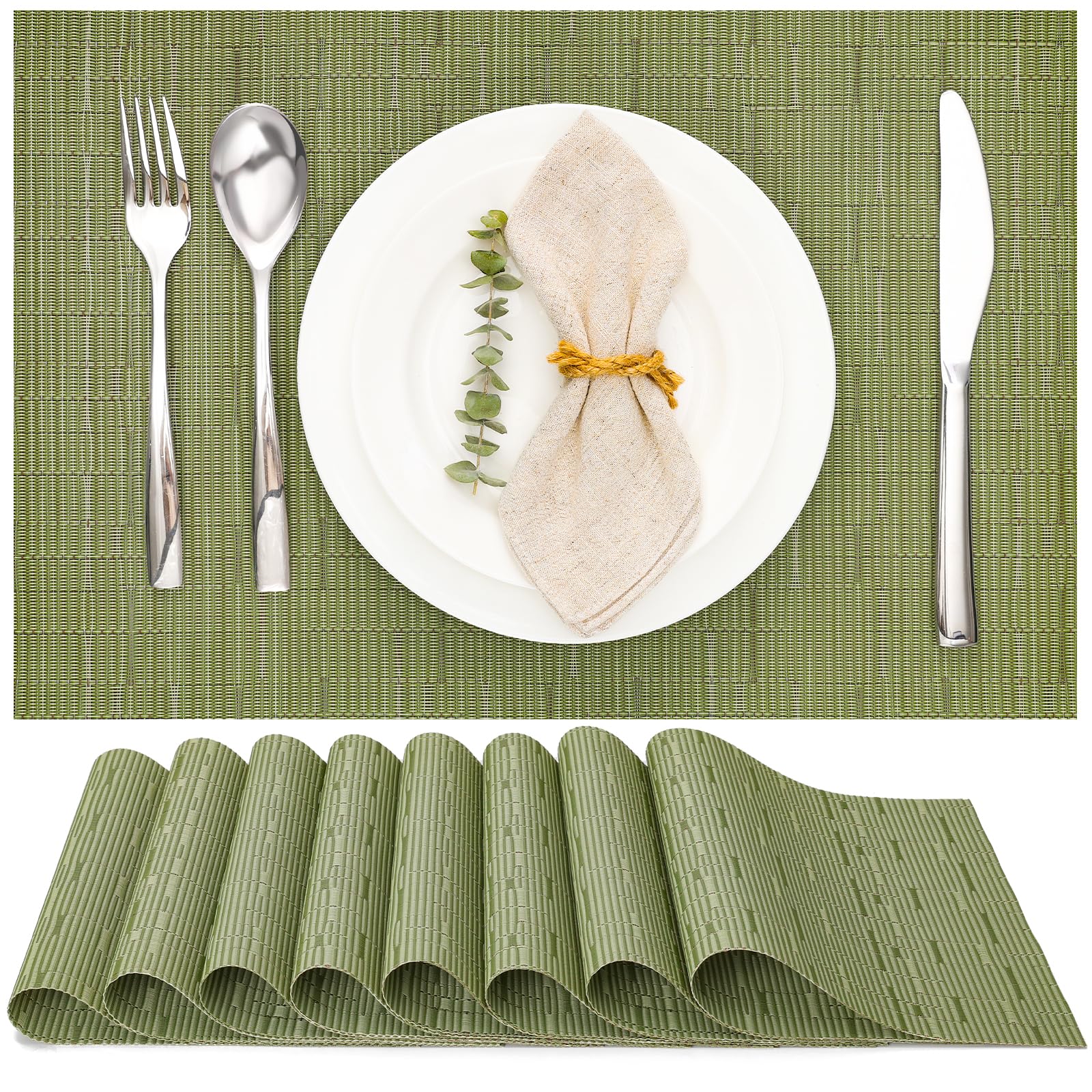 Myir JUN Table Mats Set of 8, Place Mats Table Placemats Washable Non-slip Heat Insulation Woven Vinyl for Kitchen Dinning Restaurant 17"X12" (Green)