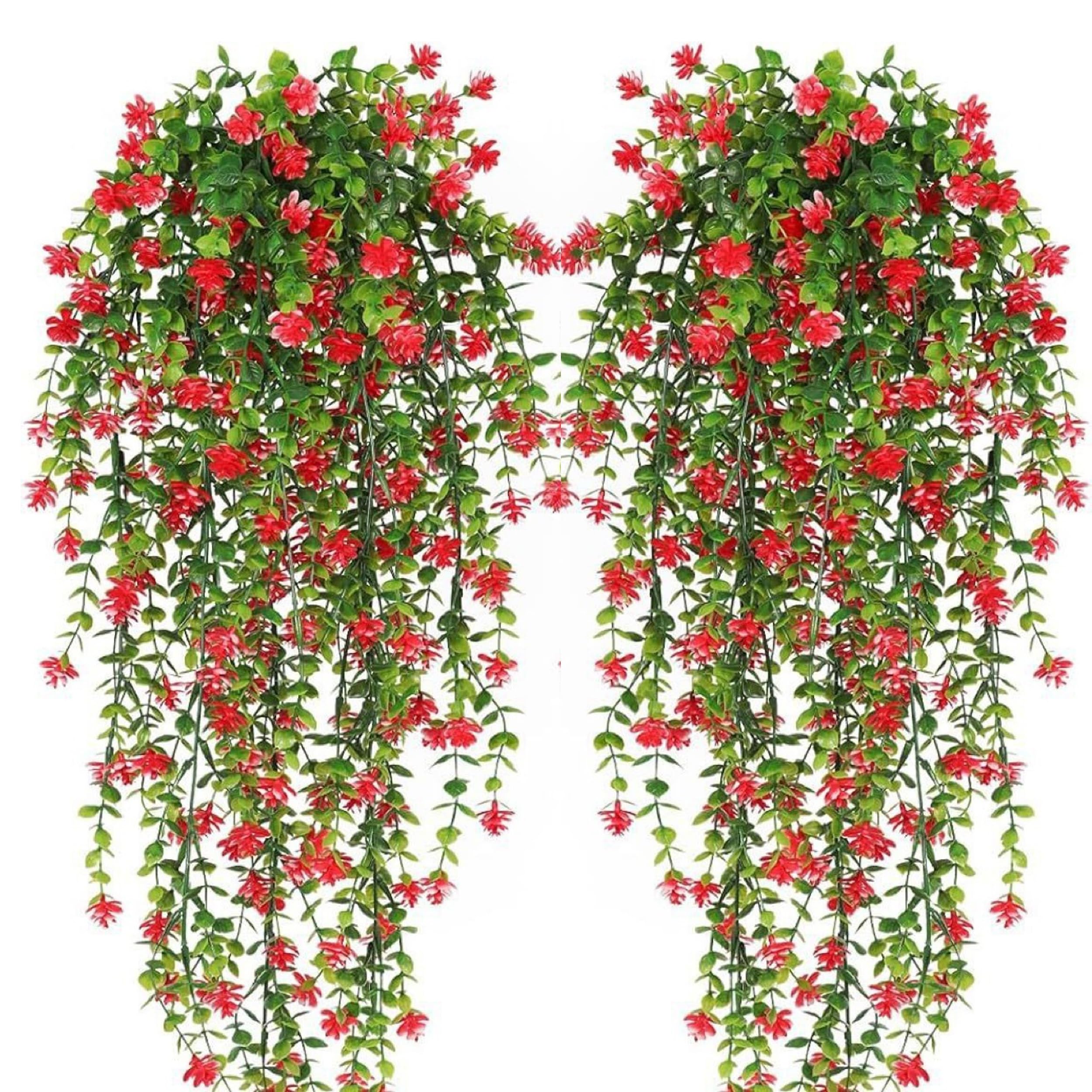 Artificial Hanging Flowers, 2 Pcs UV-Resistant Fake Hanging Plants Flower Bouquet, Bouquet Outdoor Indoor Fake Hanging Plants Flowers for Wall Home Garden Wedding Decor (Red)