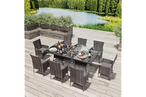 RTDTD 10 Pieces Patio Dining Set Outdoor Rattan Furniture Dinning Set with 2 Square Glass Tabletops 8 Chairs with Grey Cushions for Patio, Backyard Outdoor Kitchen Lawn & Garden