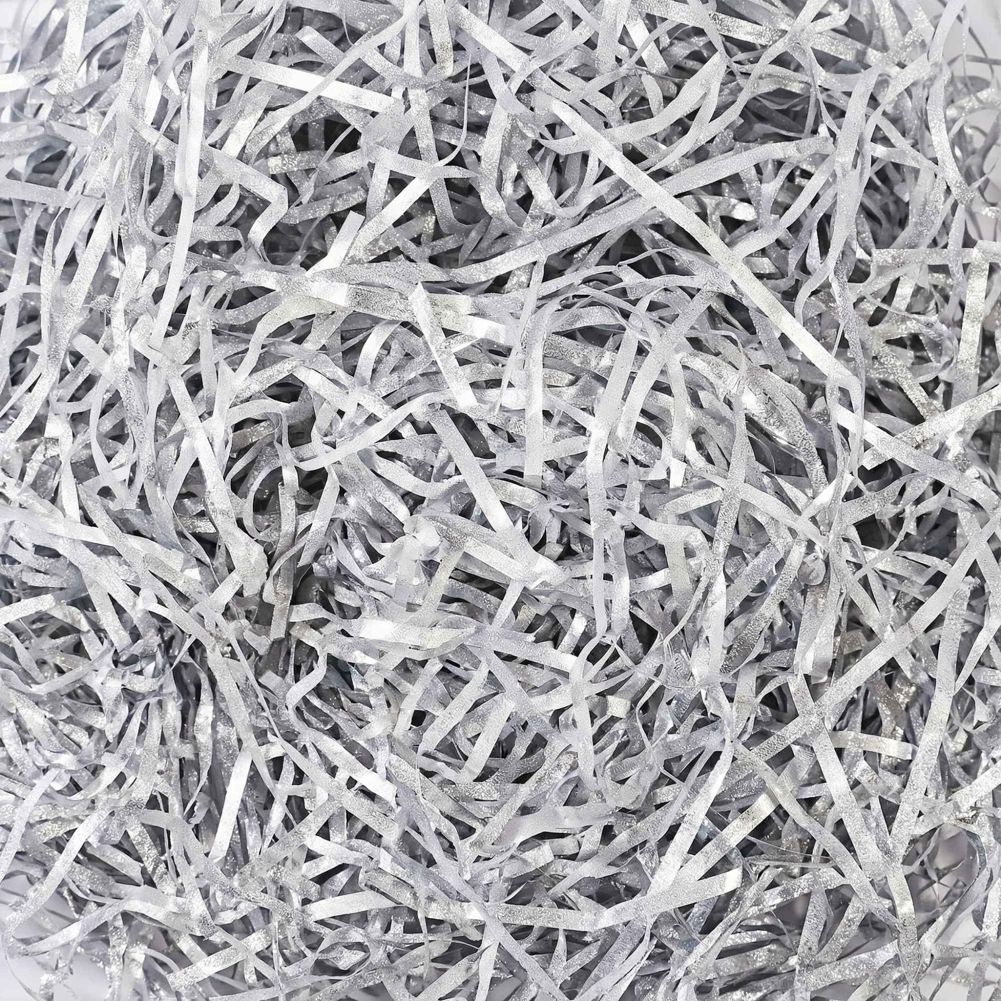 LJY 100g Silver Glitter Shredded Paper for Gift Boxes - Iridescent Hamper Filling Tissue Paper, Sparkle Basket Filler and Gift Box Stuffing, Crinkle Cut Packing Material for Weddings