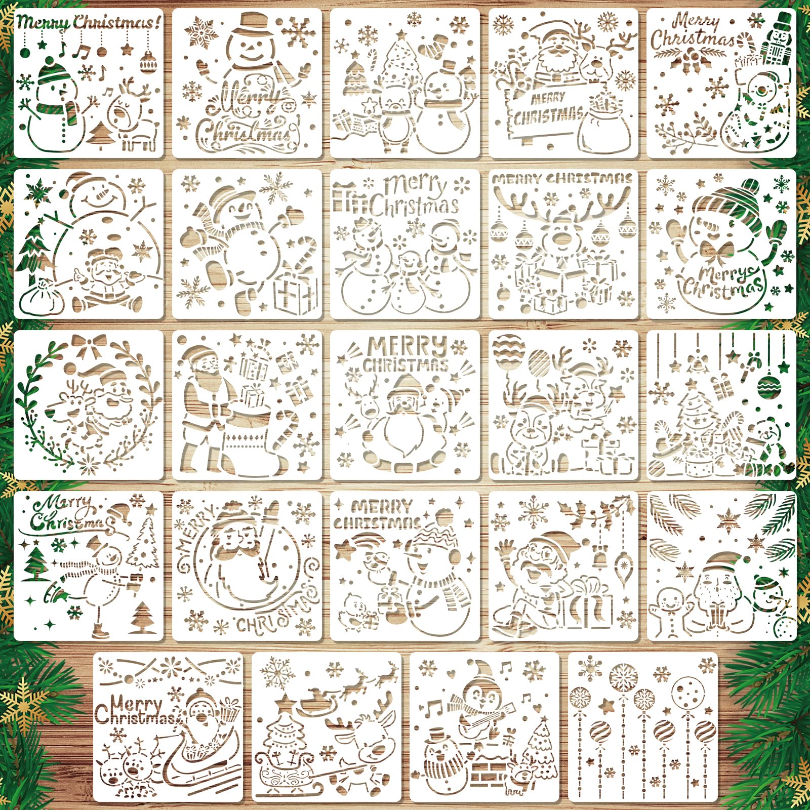 Photo 1 of 24pcs Christmas Stencils, 5.12x5.12in Reusable Christmas Template for Painting Santa Claus Design Snowman Reindeer Jingle Bell DIY Merry Christmas Ornament Stencil for Painting Crafts Making
