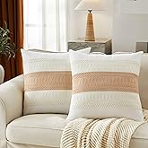 YZJZEDS Soft Cotton Boho Throw Pillow Covers Set of 2, Natural White/Contrast Beige 22x22 Inch, Beige Farmhouse Decorative Cushion Covers for Sofa Bed Living Room Home Decor
