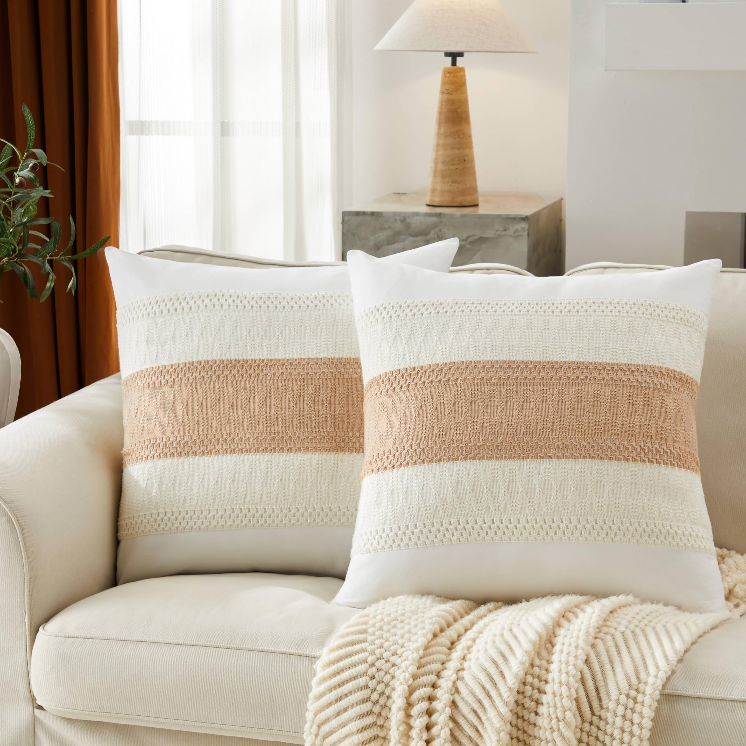YZJZEDS Soft Cotton Boho Throw Pillow Covers Set of 2, Natural White/Contrast Beige 22x22 Inch, Beige Farmhouse Decorative Cushion Covers for Sofa Bed Living Room Home Decor