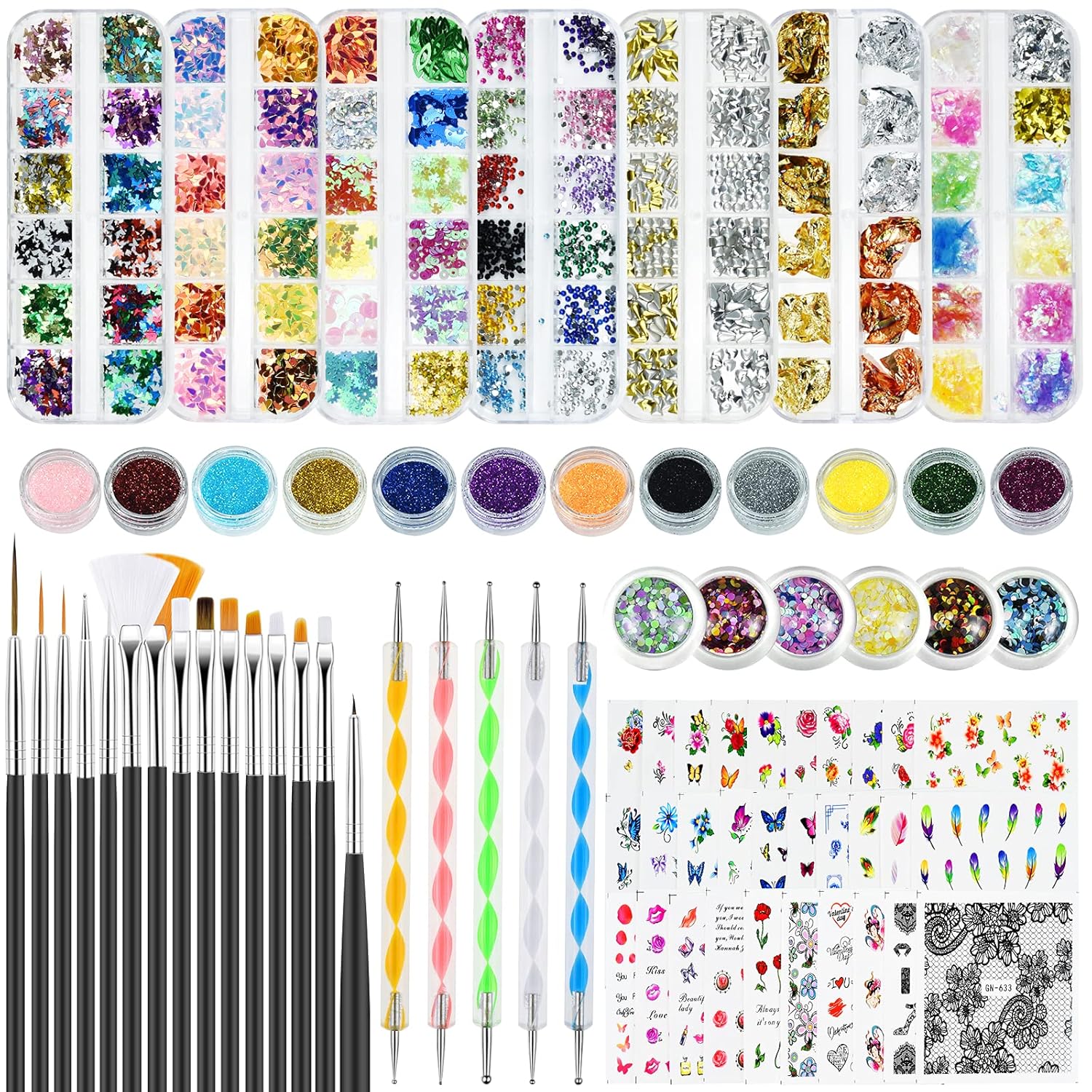 MENOLY Nail Art Supplies, 12 in 1 Nail Art Kit with Nail Tranfer Stickers Nail Brushes Nail Dotting Pens Round Shell Stickers Glitter Powder Nail sequins Nail Rhinestones, Nail DIY Design for Girls : Beauty