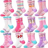 Welwoos Baby Girls Toddlers Grips Socks 12 Pairs Kids Anti Slip Non Skid Animal Funny Cartoon Crew Breathable Cotton Socks