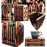 Library Coasters for Drinks Coasters Set of 6 with Holder 100% Acacia | Wooden Bookshelf Holder Book Coasters Set of 6 with Holder Acacia Wood Cup Holder, Vintage Novelty Bar Coasters for Coffee