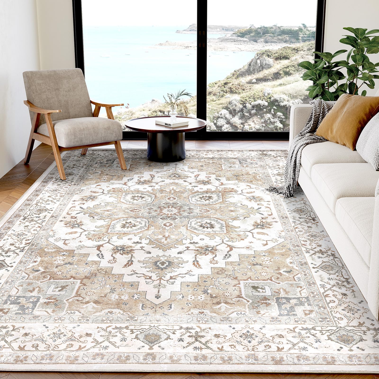 Photo 1 of AMADA HOMEFURNISHING 5x7 Area Rugs, Washable Living Room Rug Low-Profile with Non-Slip Backing & Durable Edge Binding, Vintage 5x7 Rugs for Living Room, Bedroom, Dinning Room