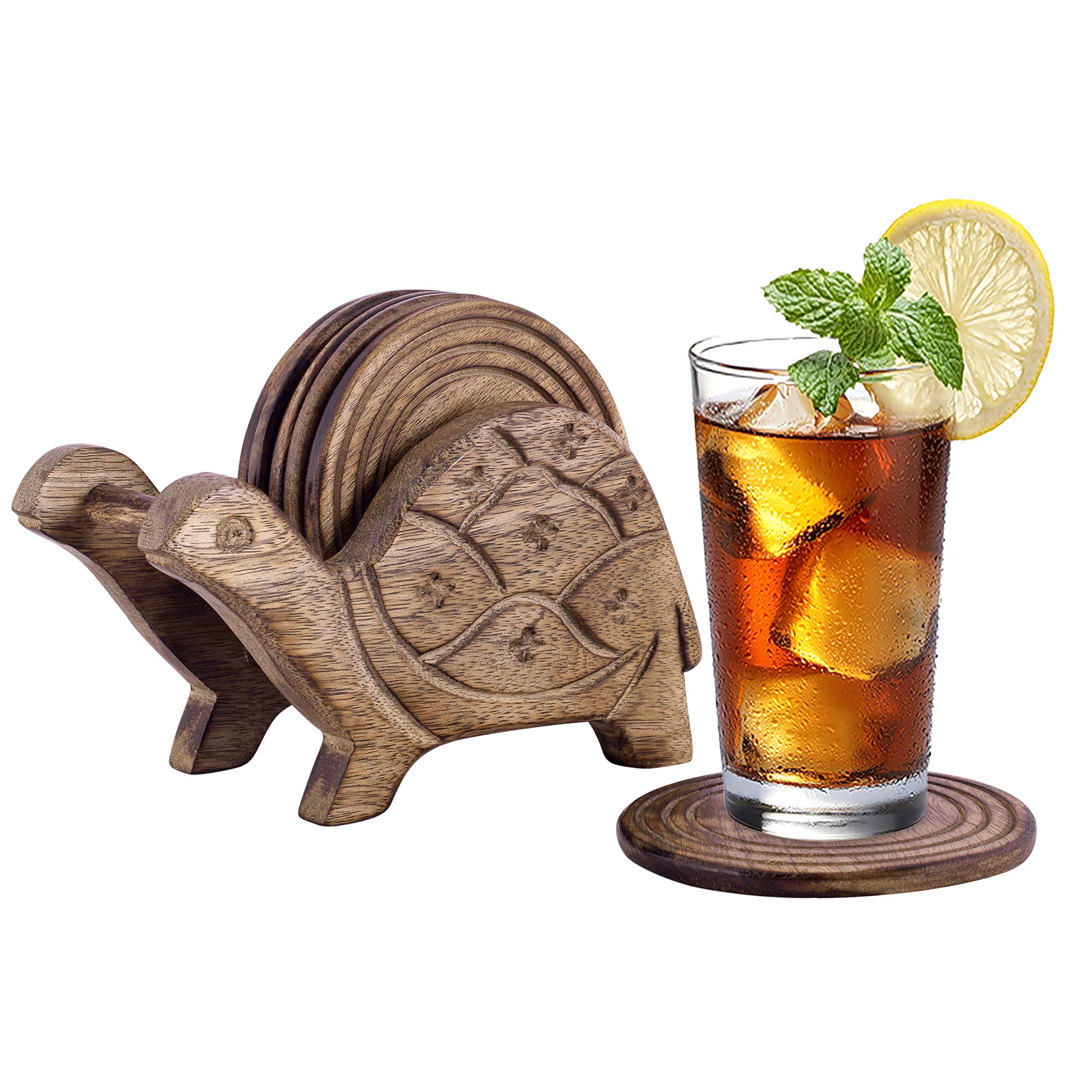 Divit Coasters Wooden for Drinks | Eco-Friendly & Absorbent Handcrafted Coasters with Antique Finish | Heat & Spill Resistant | Reusable Table Protection for Home & Bar Decor (Tortoise)