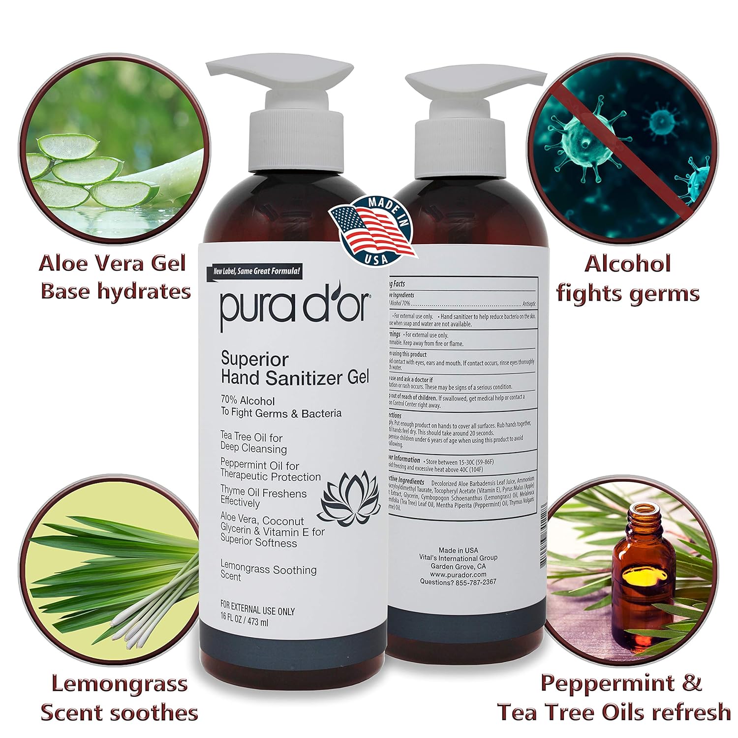 PURA D’OR Hand Sanitizer Gel LEMONGRASS Scent 2 PACK-16oz each = 32oz Total. 70% Alcohol Kills 99% Germs w/Aloe Vera, Tea Tree: Waterless Deep Cleansing Moisturizing Soothing, Fights Germs & Bacteria: Beauty