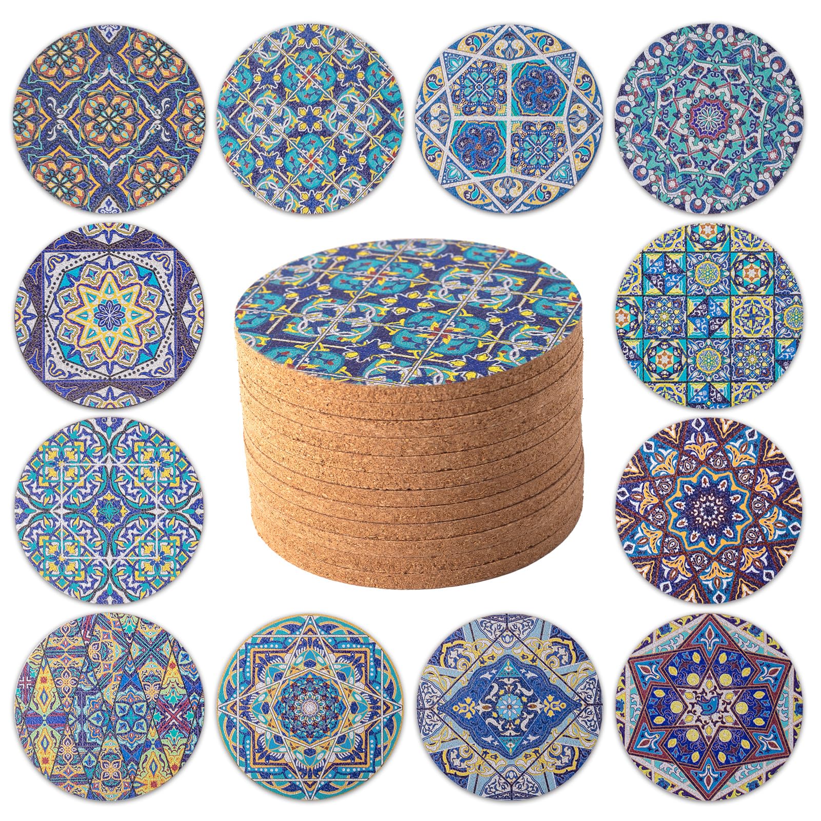 STARUBY 12 Pcs Cork Coasters for Drinks - Round 10cm Blue Absorbent Kitchen and Dining Room Decoration